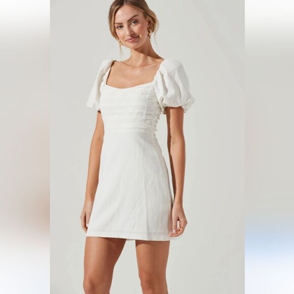 ASTR Pleat Front white minidress Viscose Linen blend Dress cross back puff sleev - Picture 12 of 15